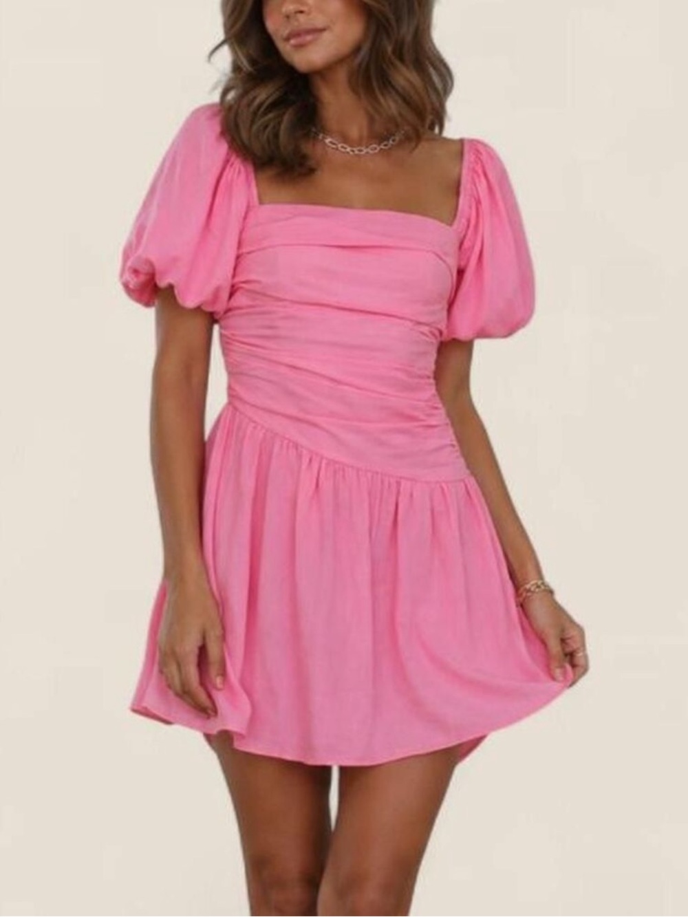 Hello Molly Linen Blend Puff Sleeve Ruched Mini Dress | Pink | Medium